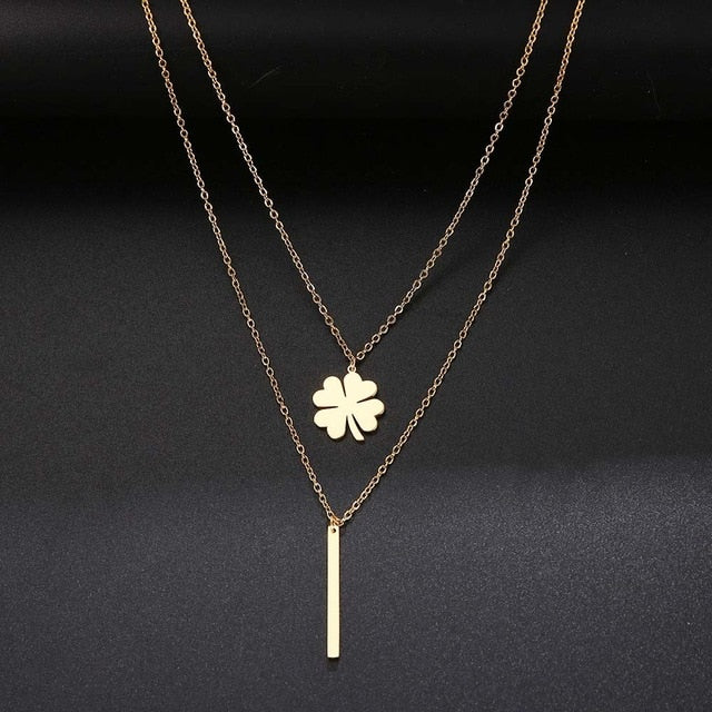 Layered Four Leaf Clover and Bar Necklace