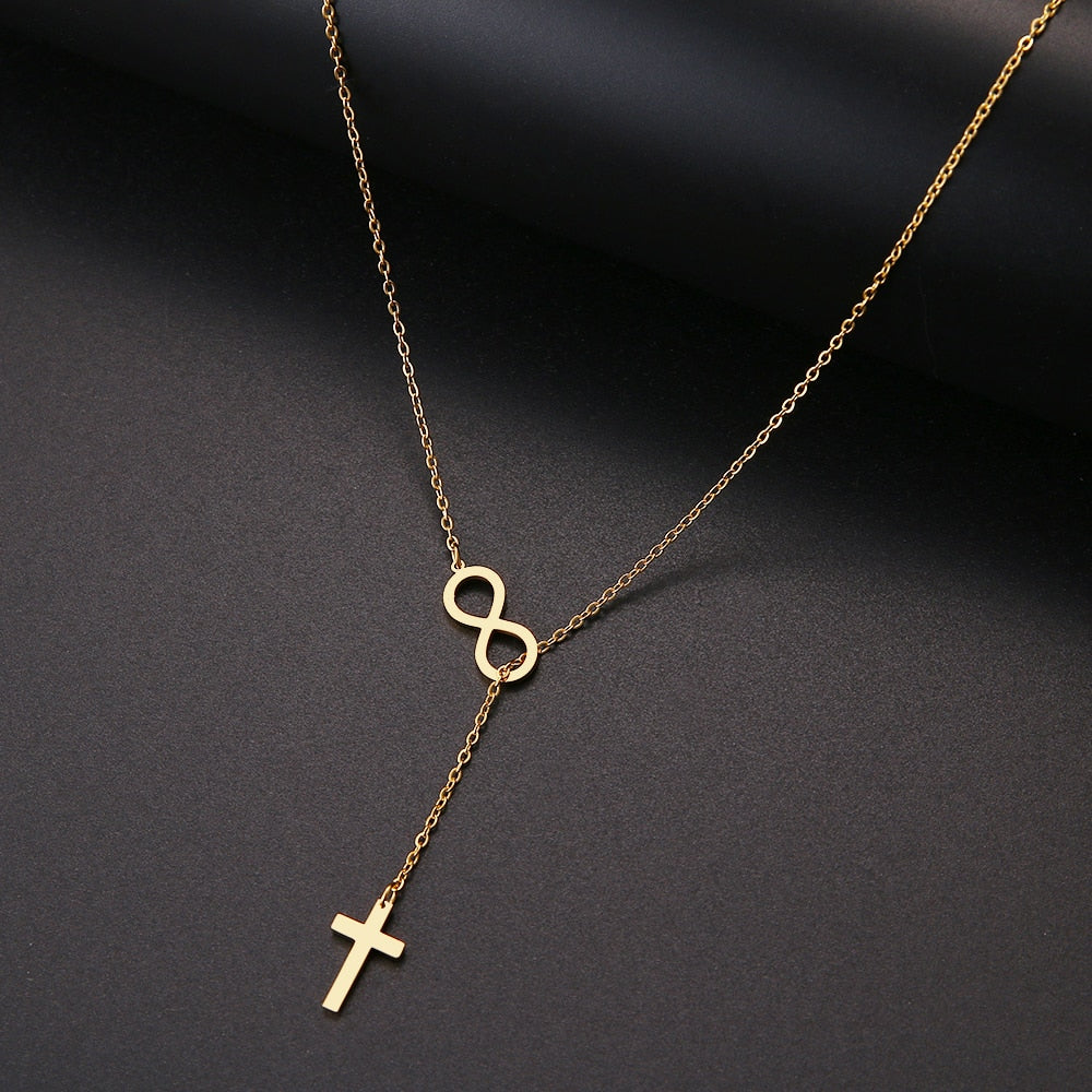 Gold Tone Infinity & Cross Necklace